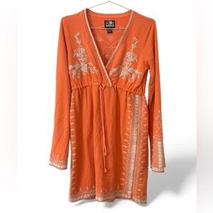 Lucky Brand Boho embroidered drawstring waist orange & cream dress